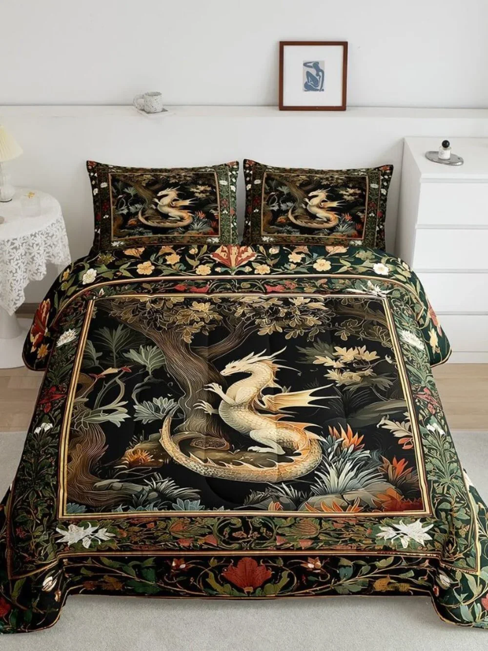 Western Dragon Comforter Set for Kids Country Style Flowers Leaves Bedding Set T